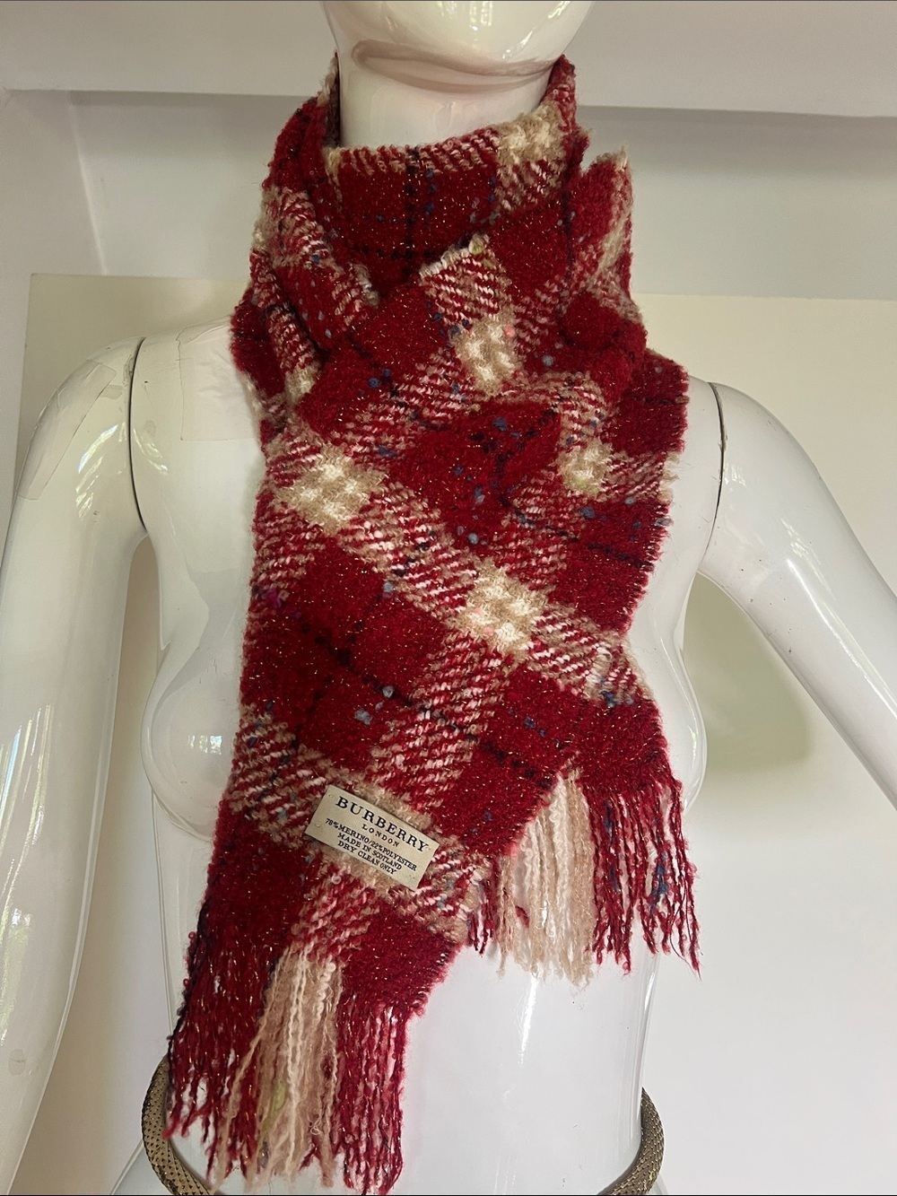Burberry 60” x 7.5” Merino Wool Poly Boucle Scarf - Made in Scotland